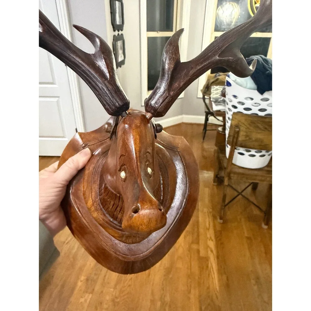 Vintage Hand Carved Wood Deer Head Wall Mount Antlers Rustic Lodge Decor 11 inch